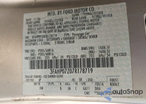 2007 Ford Fusion Se z USA, uszkodzony, nr VIN 3FAHP07Z07R178719